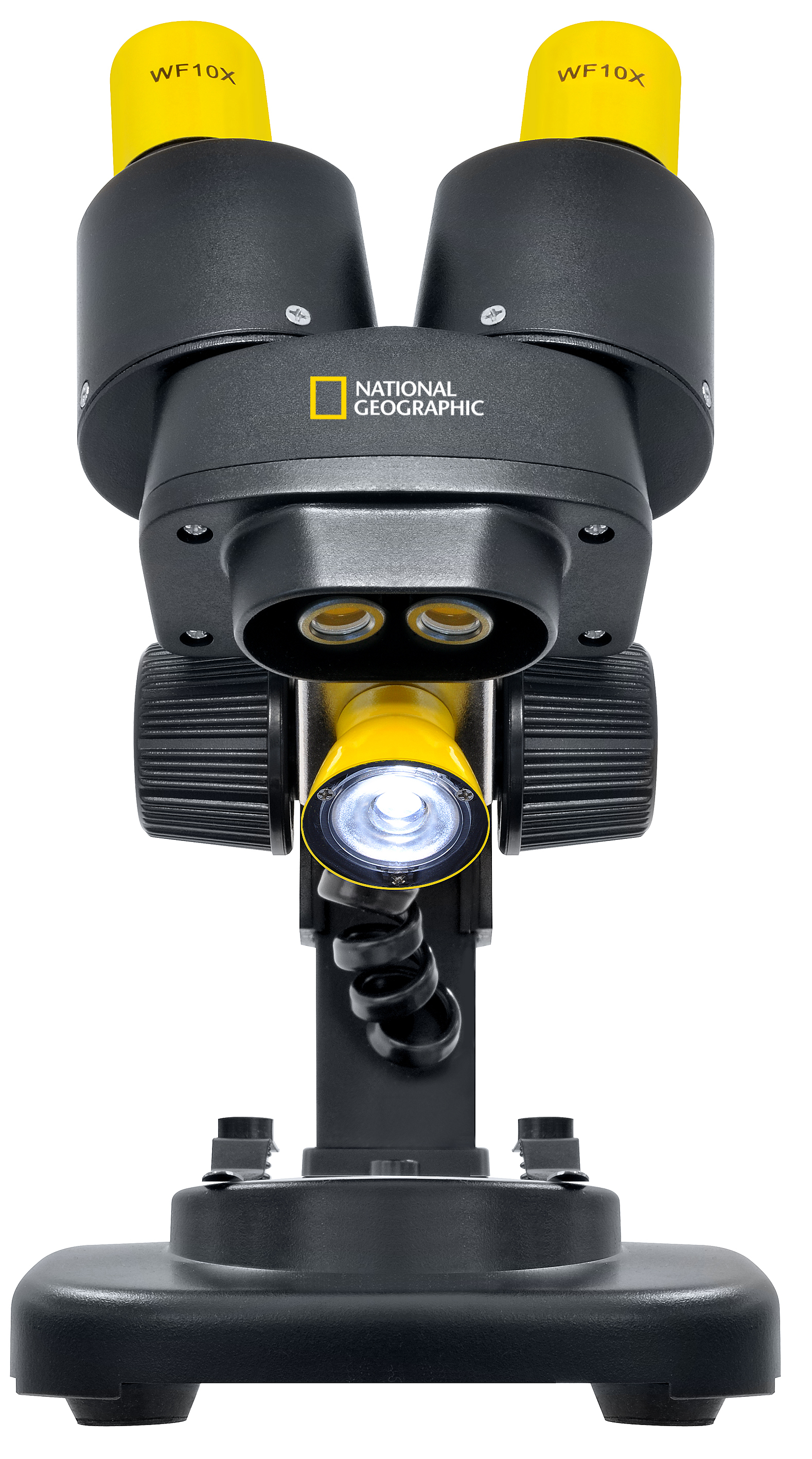 Ein Stereomikroskop mit gelben Okularen und einer hellen LED-Lichtquelle.