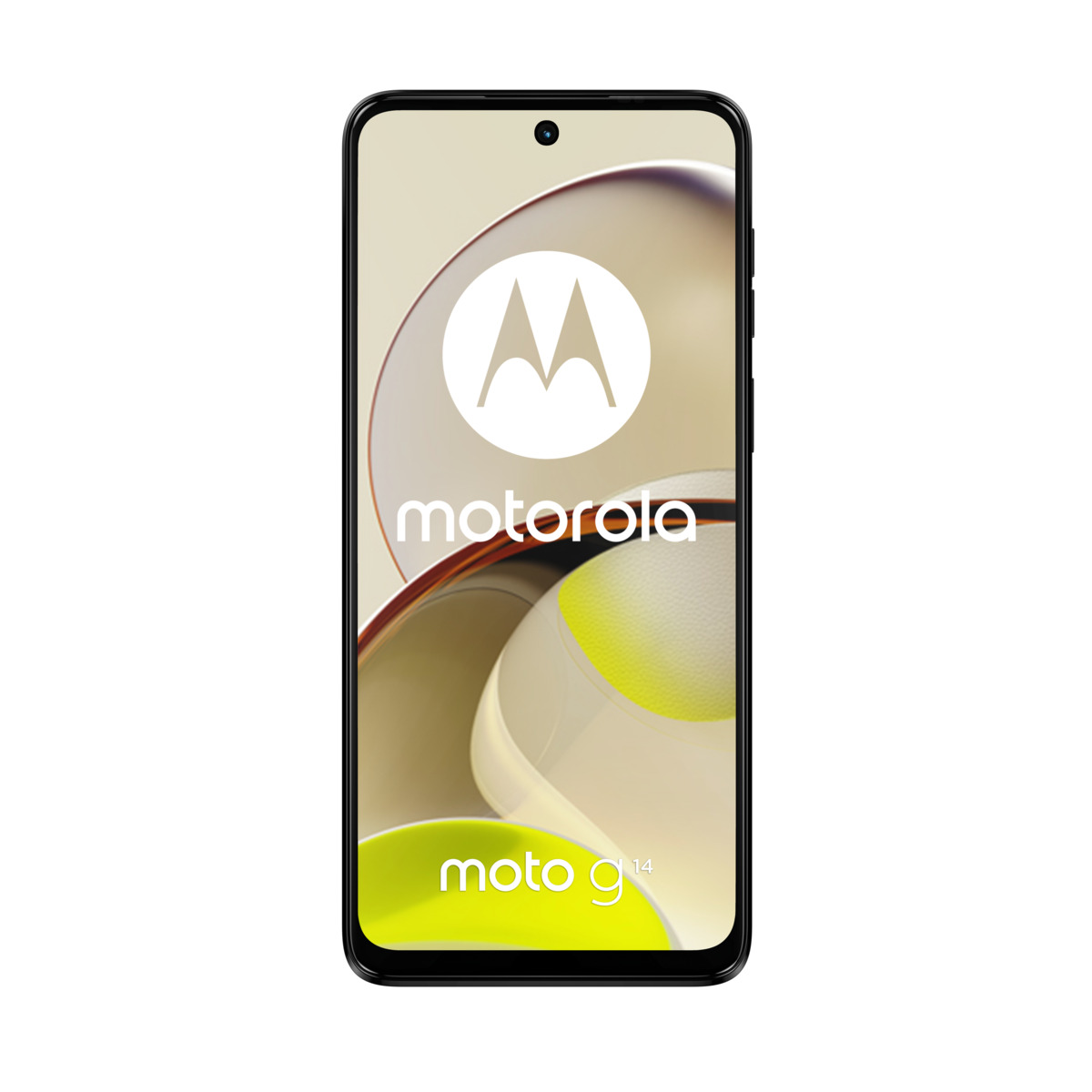 Un smartphone Motorola Moto G14. El teléfono tiene un marco negro y un logotipo blanco de Motorola.