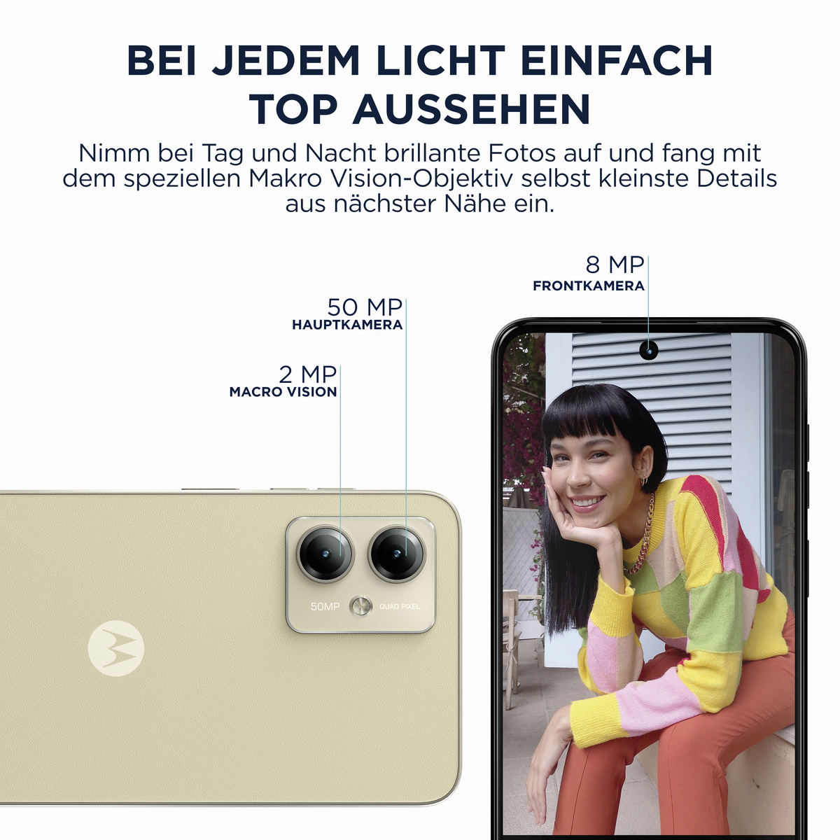 Un teléfono y una mujer. El teléfono muestra una foto de la mujer, con texto y configuración de cámara.