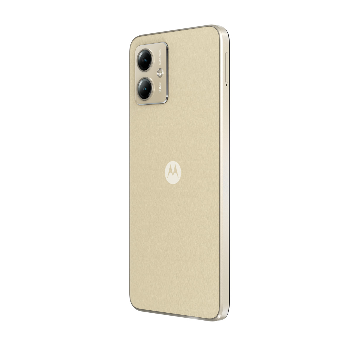 Teléfono color oro, parte trasera. Tiene dos cámaras y un logo en la parte trasera.