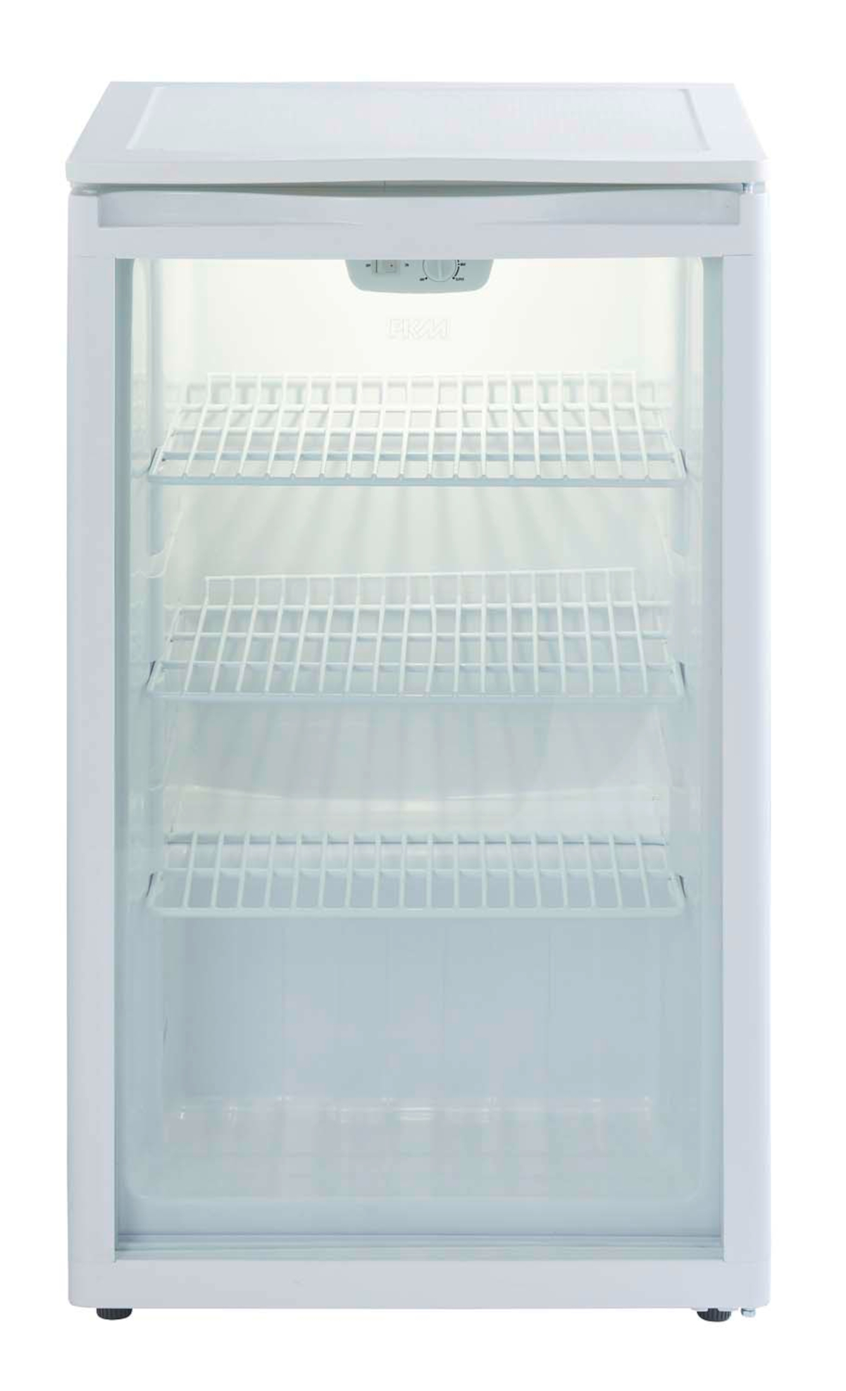 Weißer Mini-Kühlschrank mit Glastür und Regalen, innen leer.