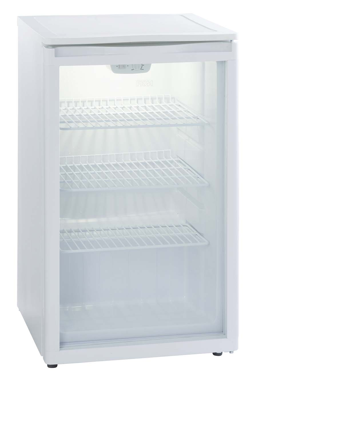 Weißer Mini-Kühlschrank mit Glastür und Regalen. Isoliert auf weißem Hintergrund.