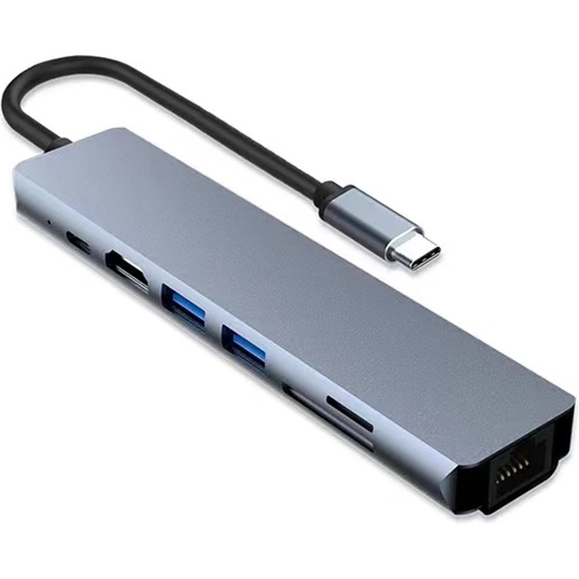 Szary hub USB-C z różnymi portami: HDMI, USB i ethernet. Ma czarny kabel.