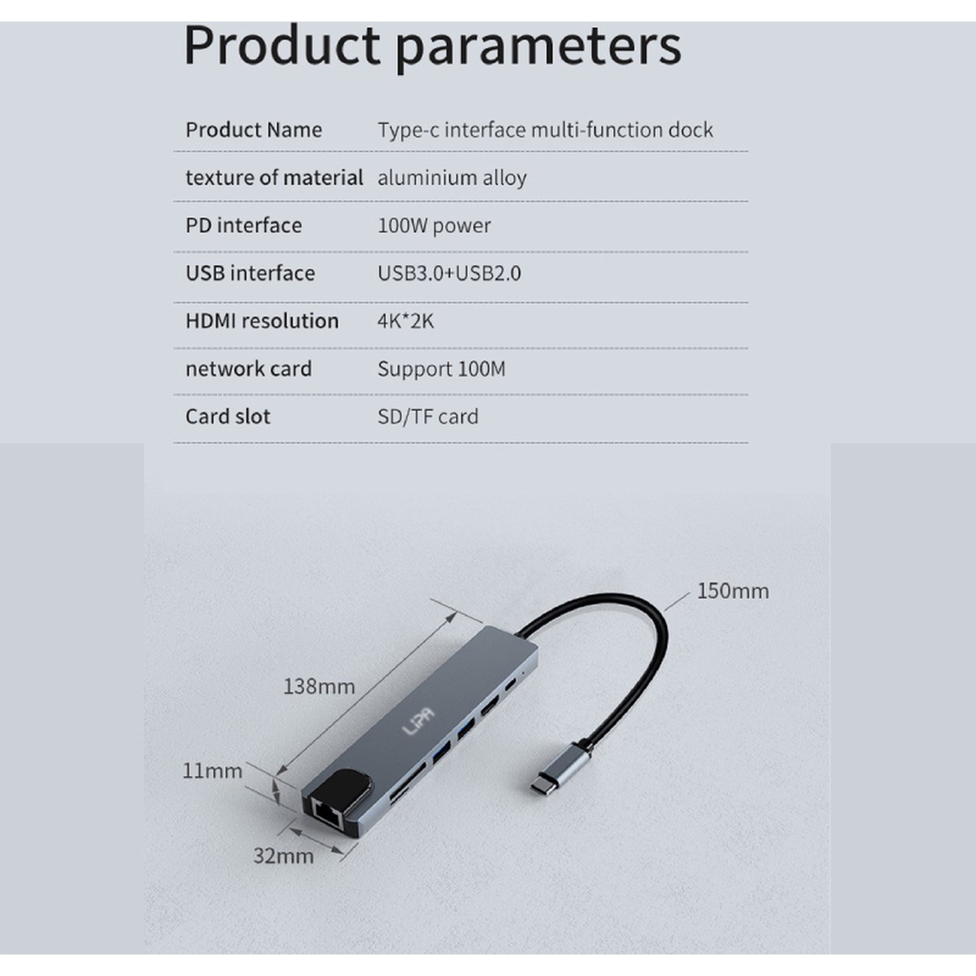 Arkusz parametrów produktu z szarym hubem USB-C. Wymiary są pokazane.