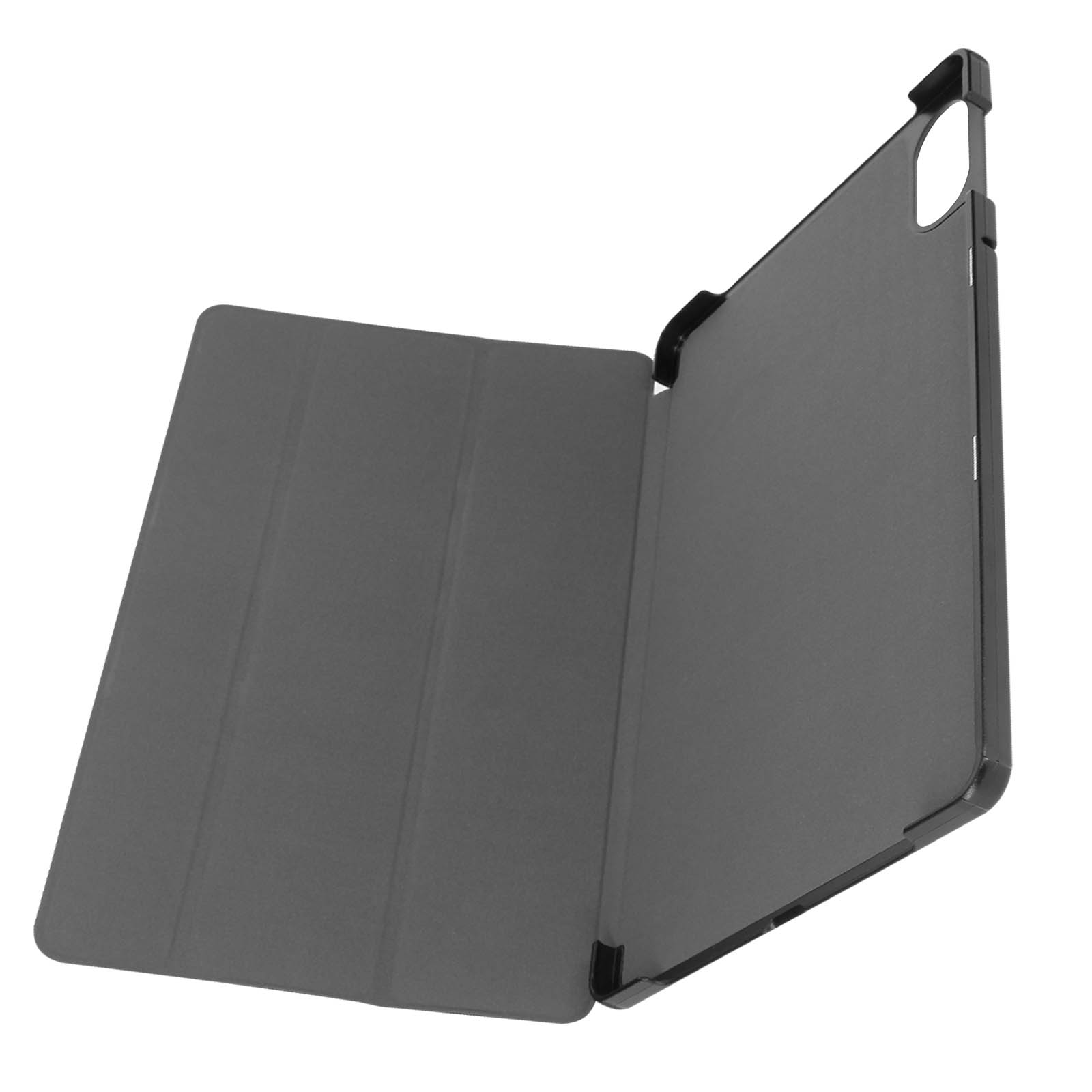 Una custodia per tablet grigio scuro è aperta. Il tablet non è all'interno.