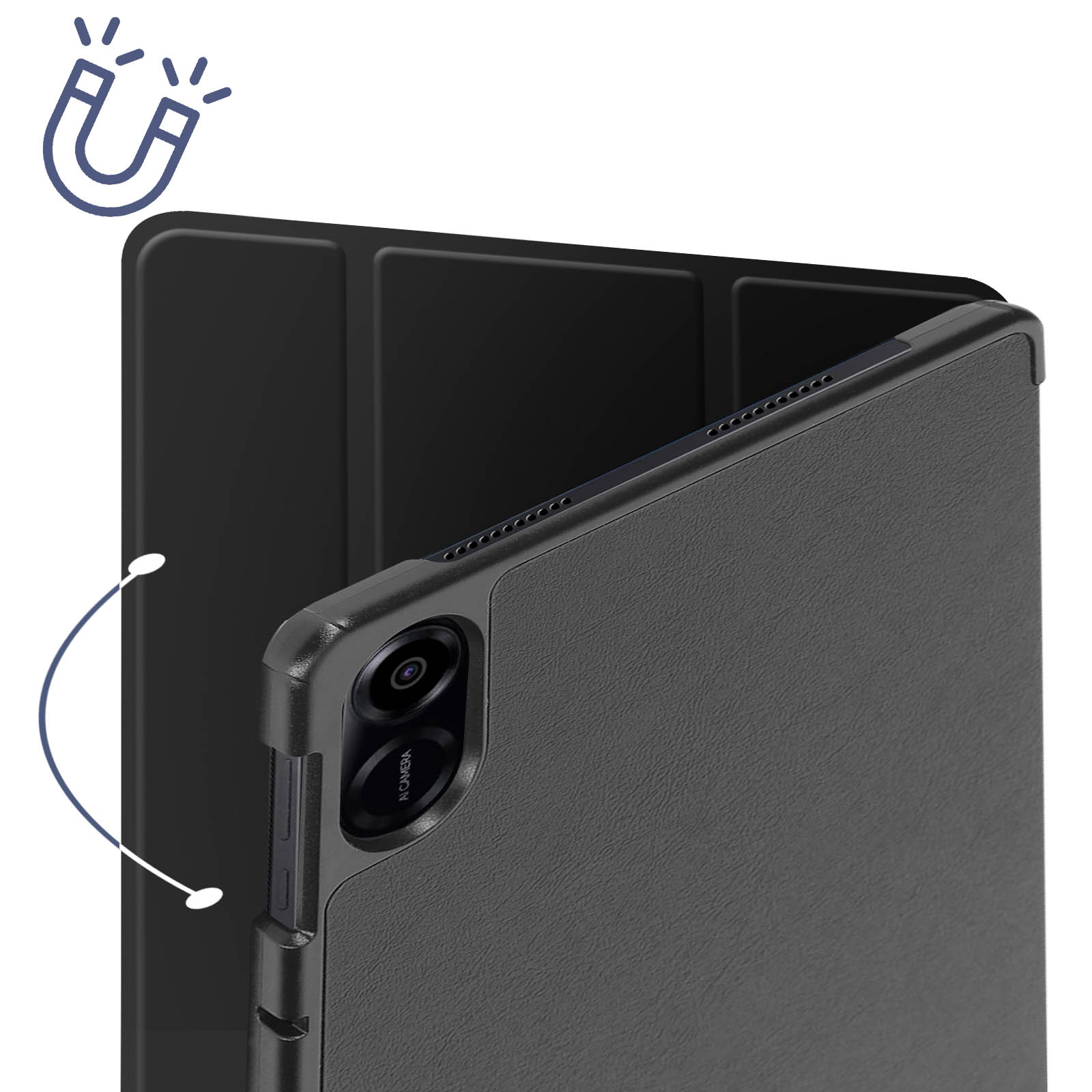 Una custodia per tablet nera con chiusura magnetica. Il tablet ha una fotocamera e una cover nera.