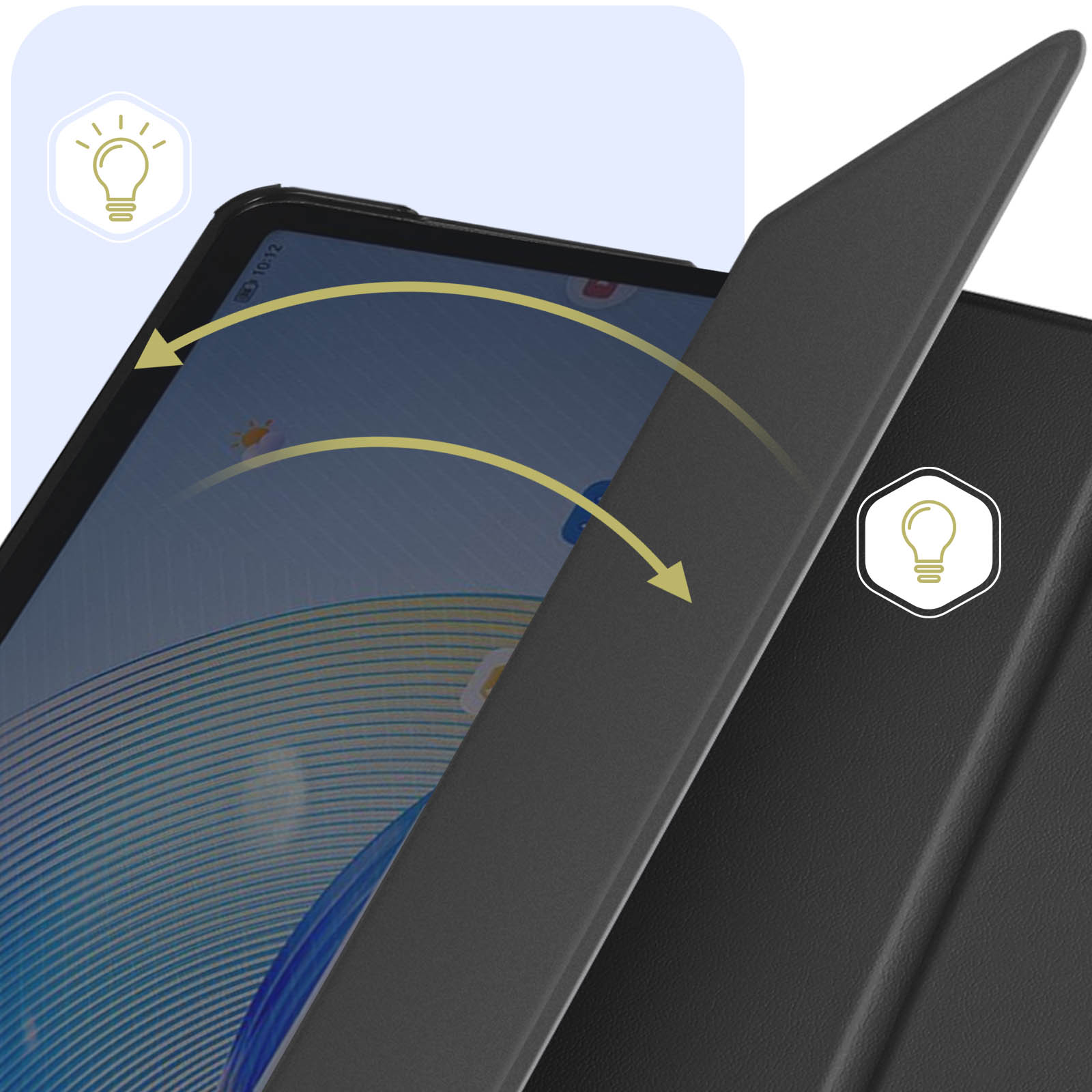 Tablet con custodia nera parzialmente aperta. Schermo mostra UI, icone lampadina. Custodia con superficie strutturata, aperta ad angolo.