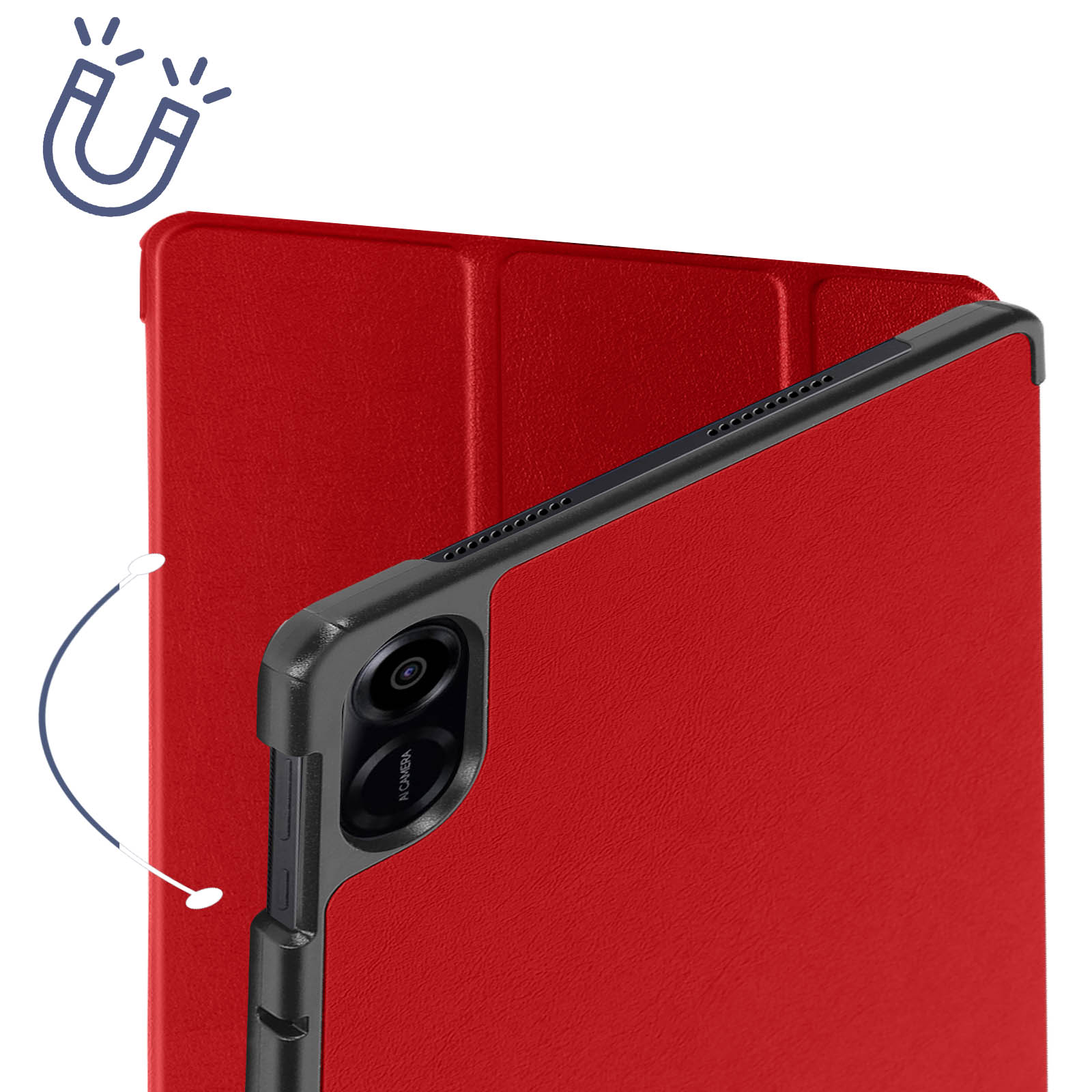 Custodia per tablet rossa con fotocamera nera. Sfondo bianco.
