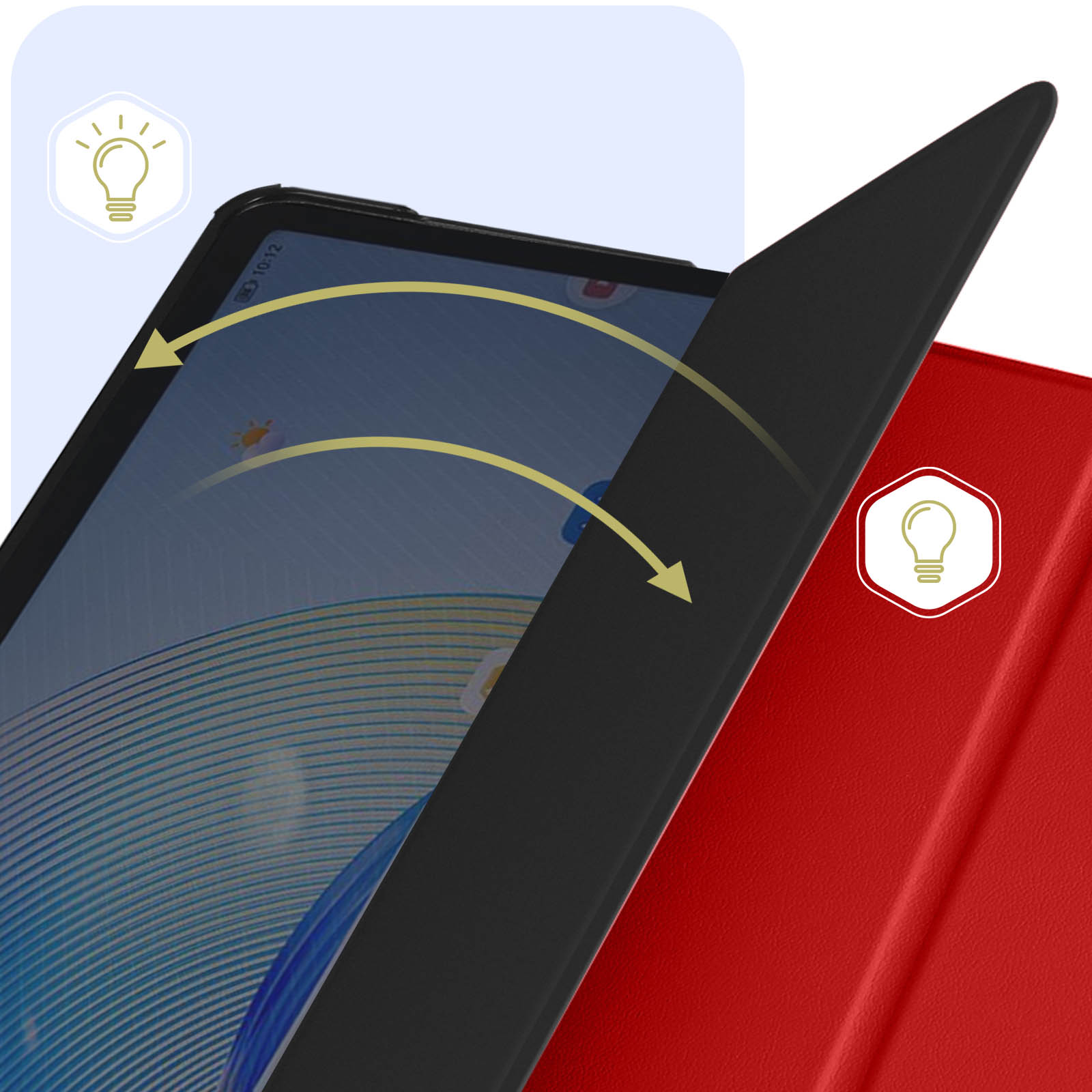 Tablet con una cover rossa. La cover è in fase di apertura.