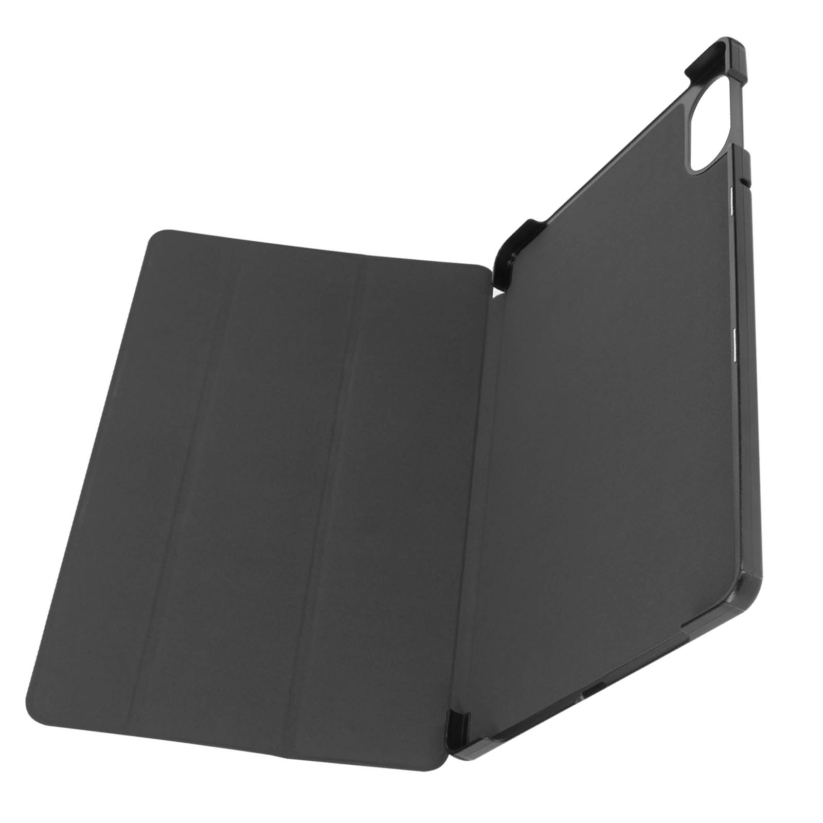 Una custodia per tablet nera, aperta, che mostra l'interno e il bordo del tablet.