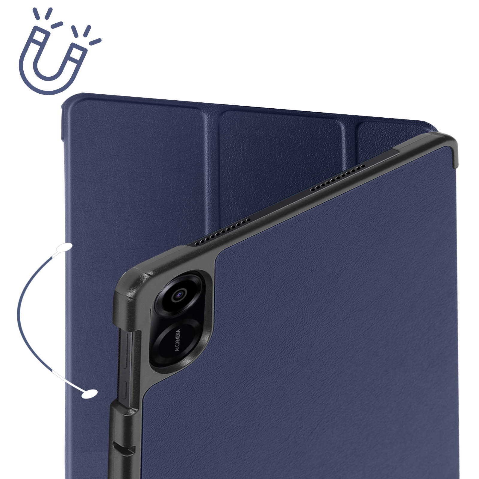 Custodia per tablet blu con magnete, dettaglio fotocamera nero, copertura blu scuro. Sfondo bianco.