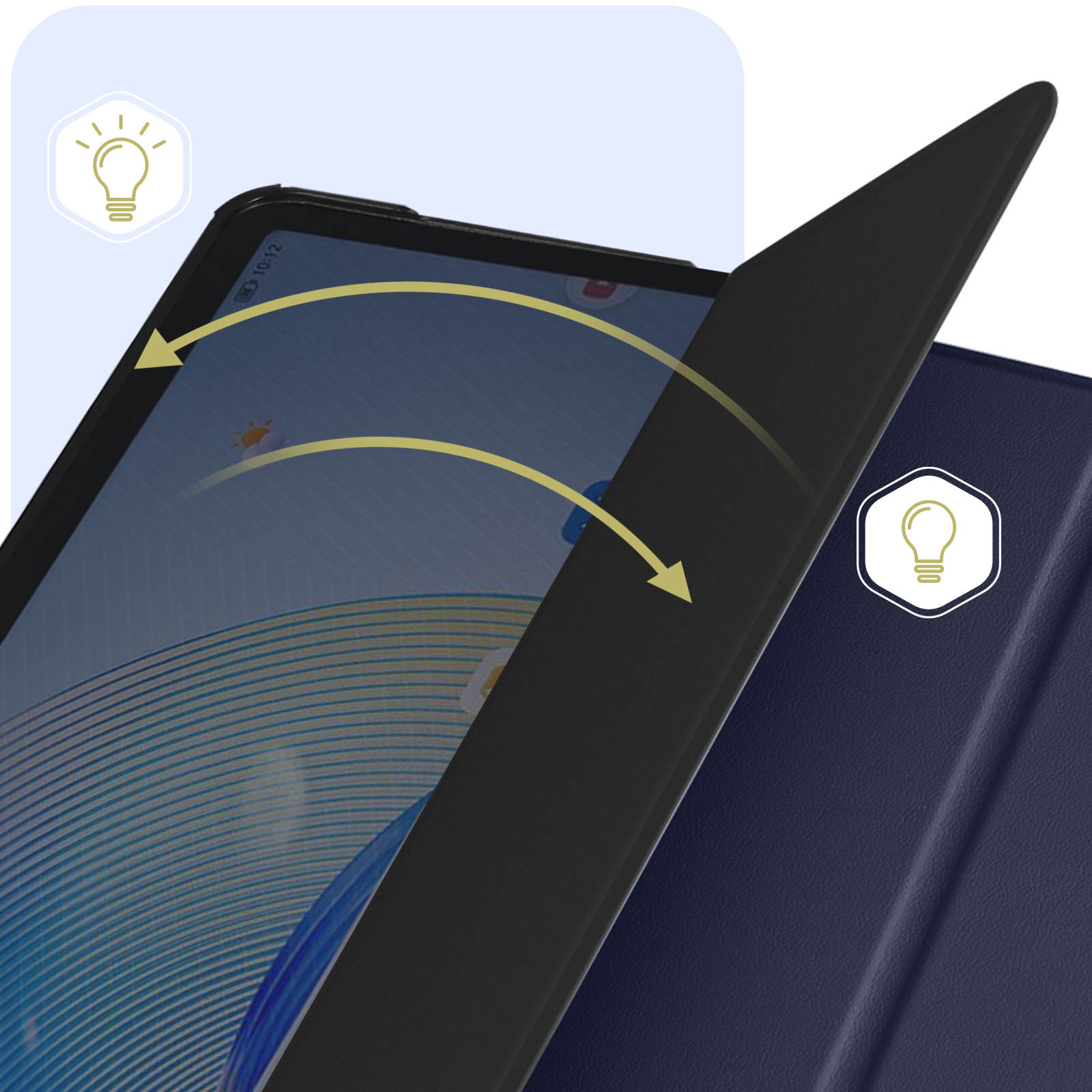 Tablet con cover scura parzialmente aperta, che mostra lo schermo, con icona lampadina e frecce.