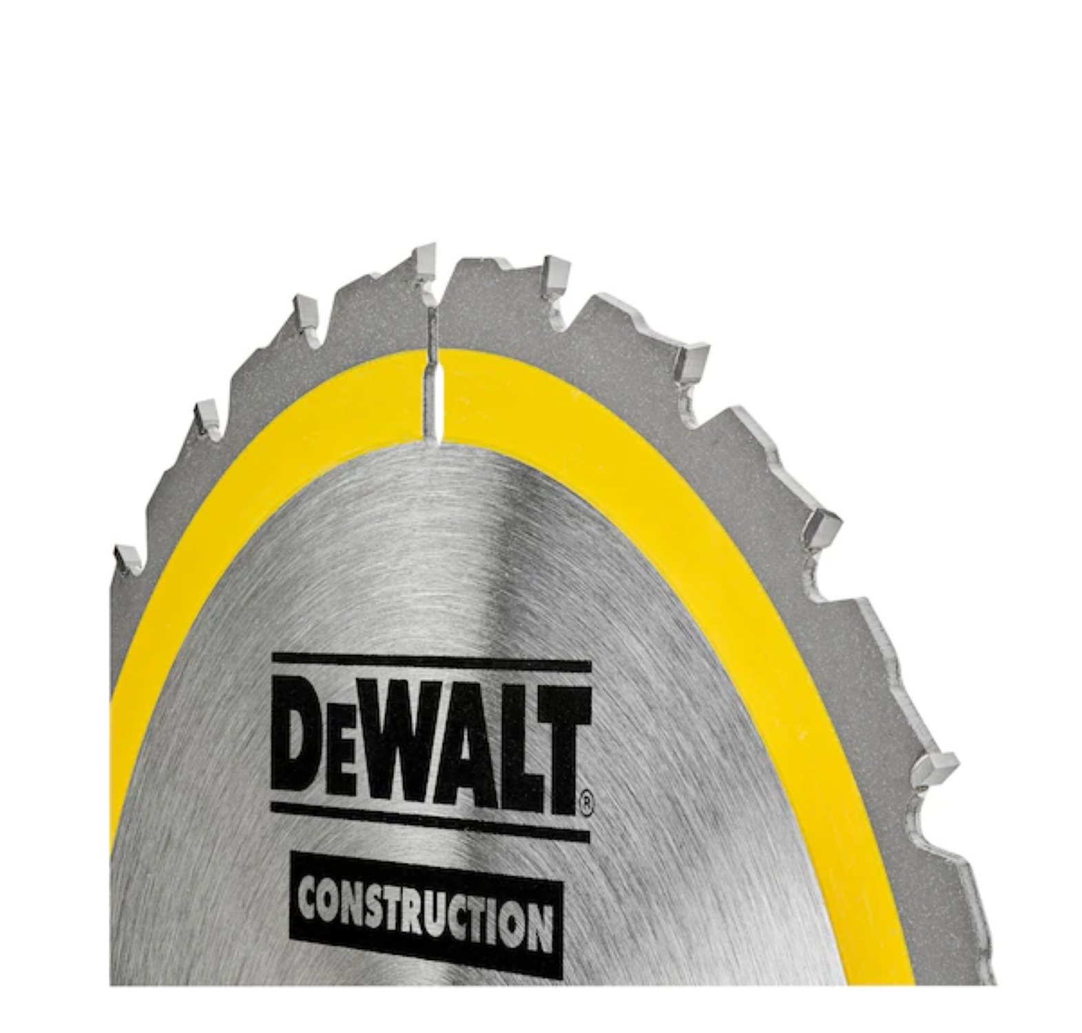 Ein Kreissägeblatt mit dem Wort DEWALT und CONSTRUCTION darauf geschrieben.
