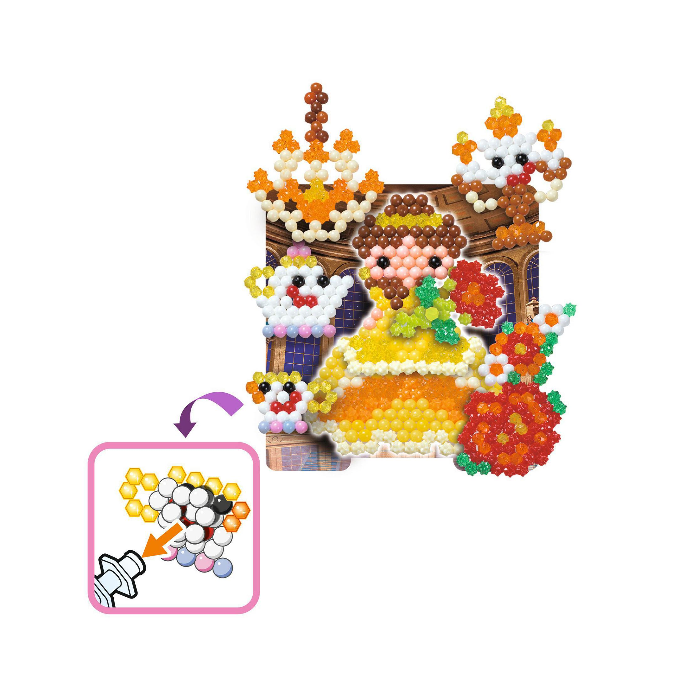 Una colección de cuentas de plástico que forman una princesa, con otras figuras y una guía.
