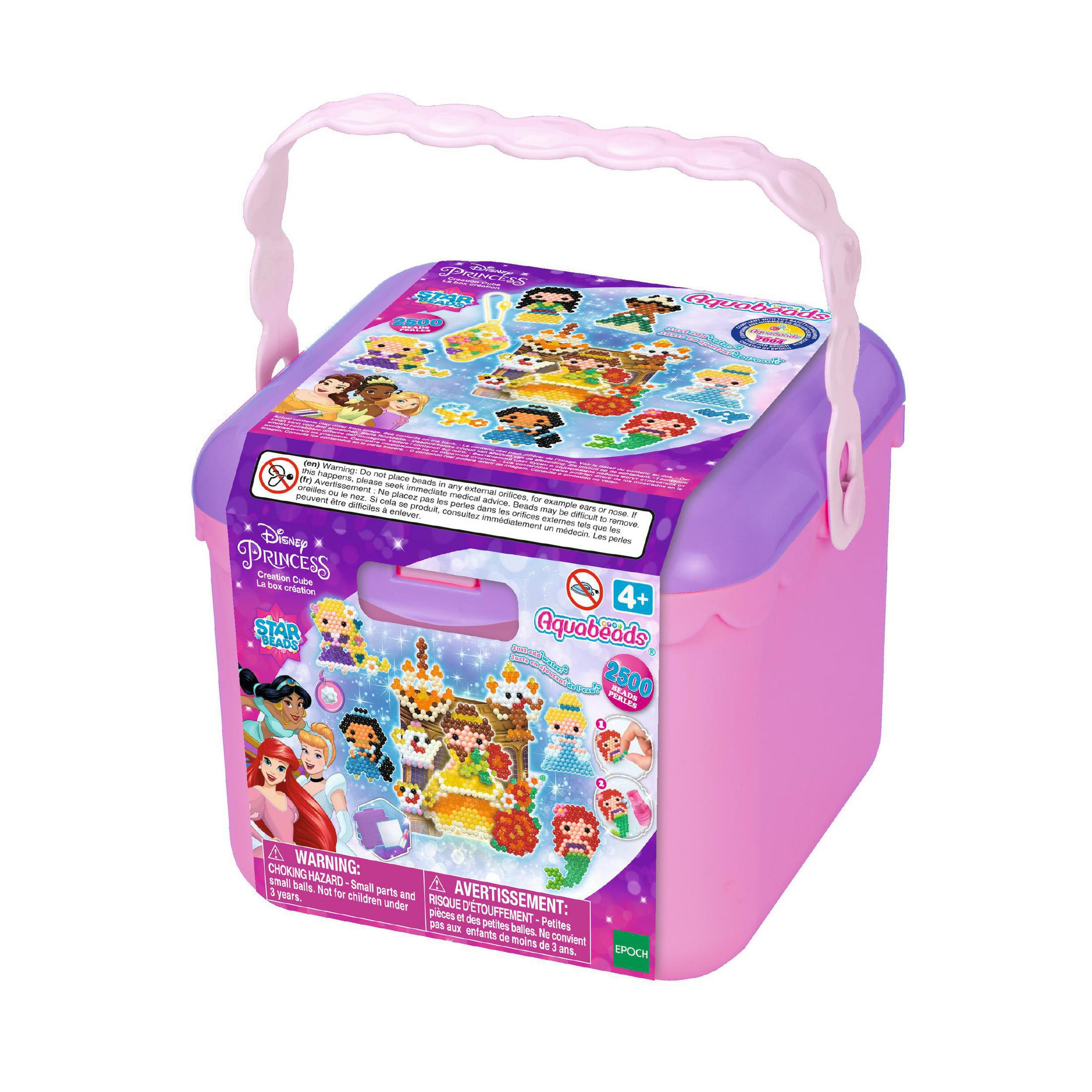 Kit de juguetes Aquabeads de Disney Princess rosa y morado con asa e imágenes.