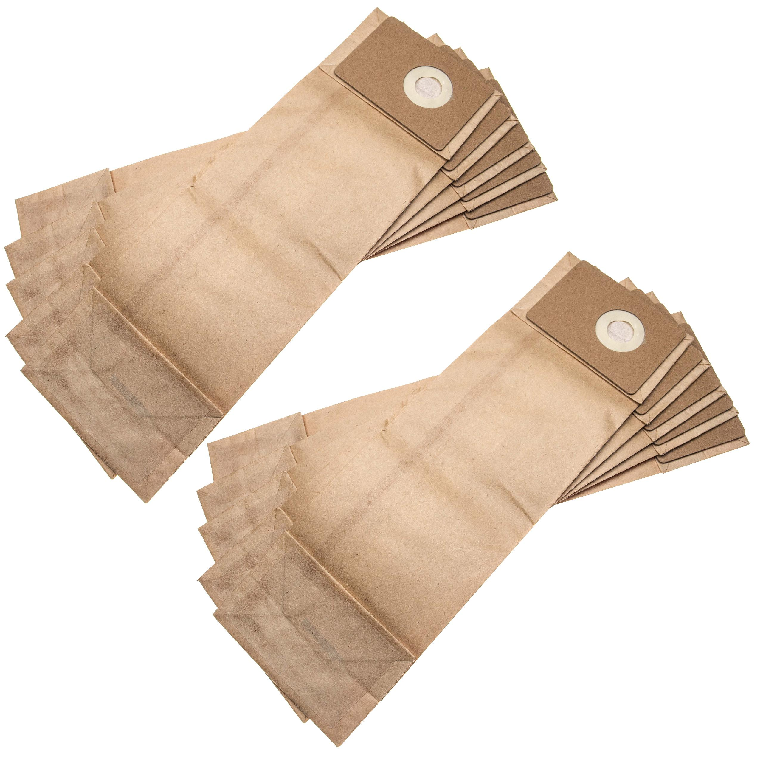 Zwei Staubsaugerbeutel. Braune Papiertüten mit einem Pappkreis oben drauf.