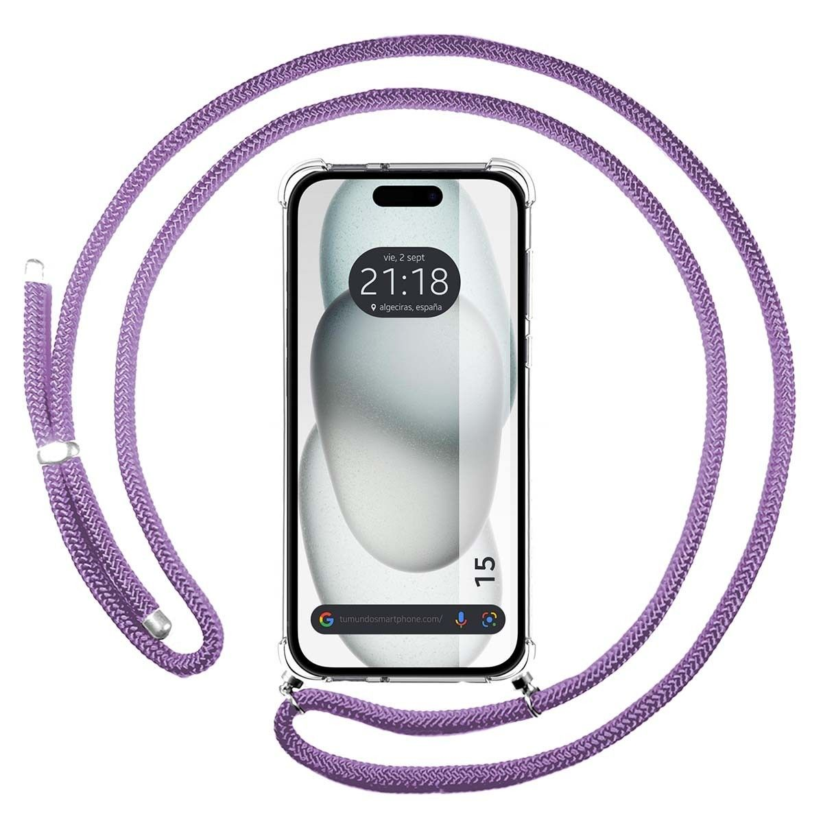 Smartphone in custodia trasparente con cordino viola. Lo schermo mostra ora e luogo.