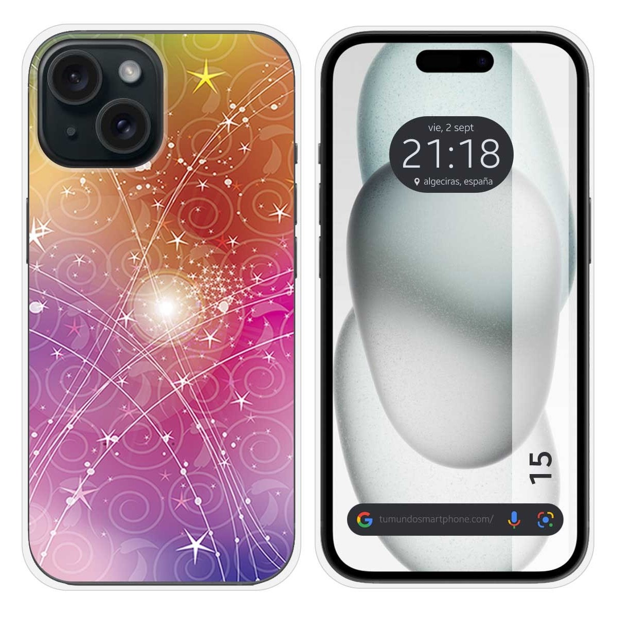 Dos fundas para smartphone. Una con un diseño colorido, la otra con un fondo blanco y azul.