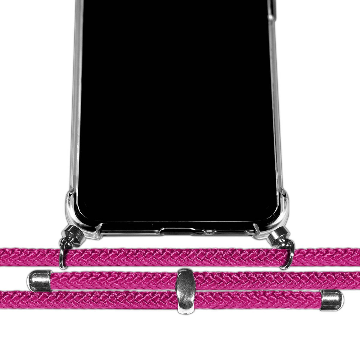 Teléfono con un cable rosa adjunto. El cable tiene una pieza plateada en el medio y en los extremos.