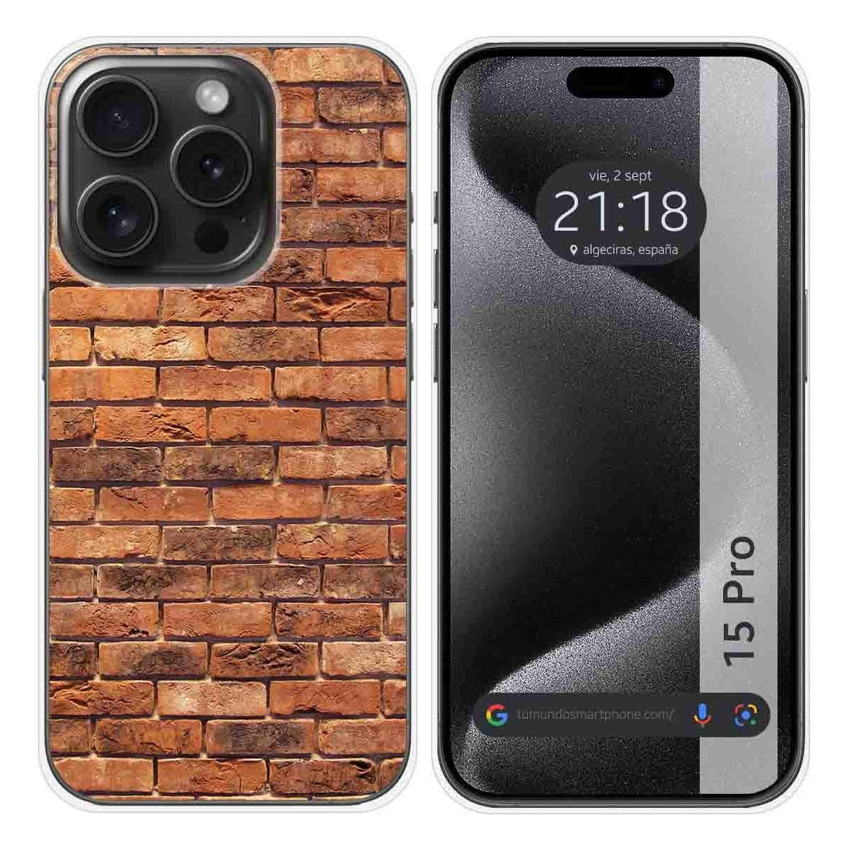 Un teléfono con una funda de pared de ladrillos, que muestra la pantalla del reloj y las palabras '15 Pro'.