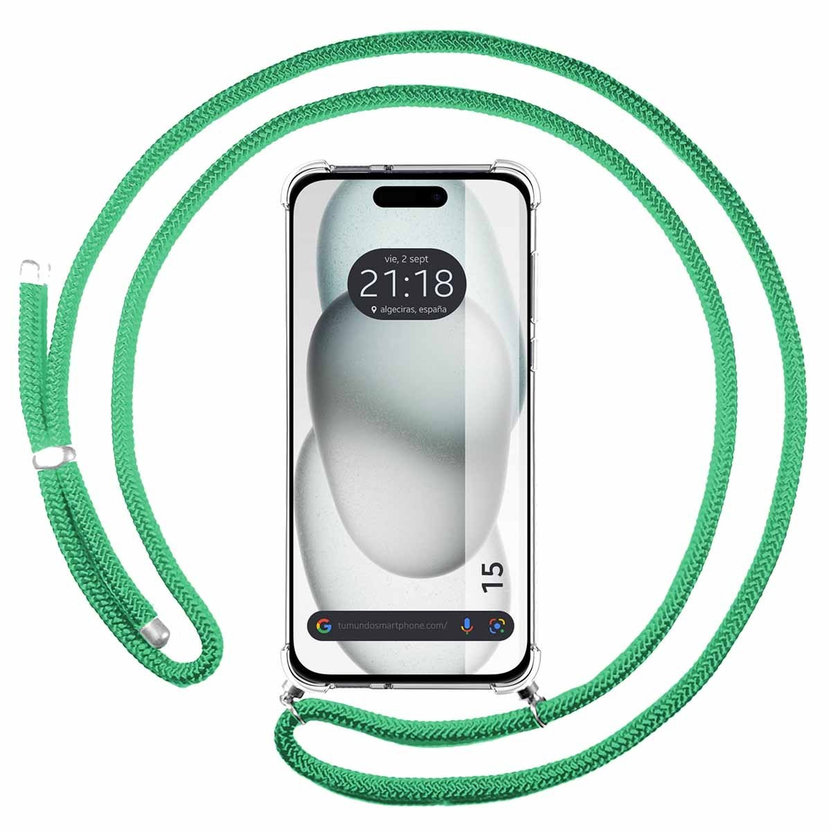 Cinturino verde per telefono con telefono, che mostra ora e luogo, con custodia trasparente.