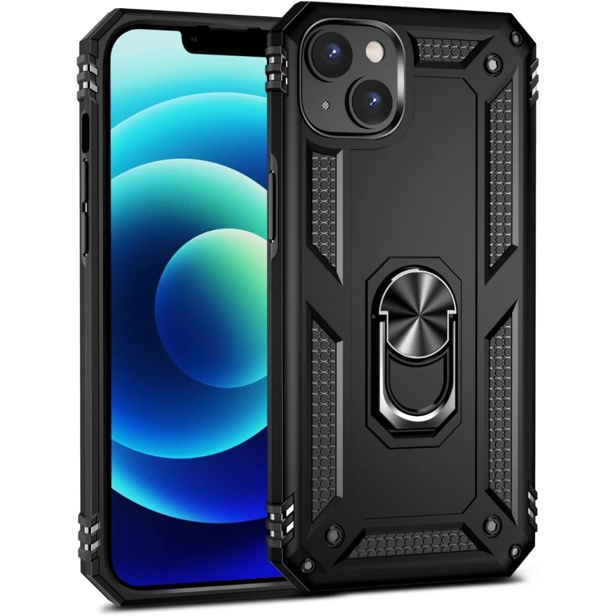 Custodia nera per telefono con supporto ad anello, che protegge un telefono con sfondo blu. La custodia ha un design robusto.