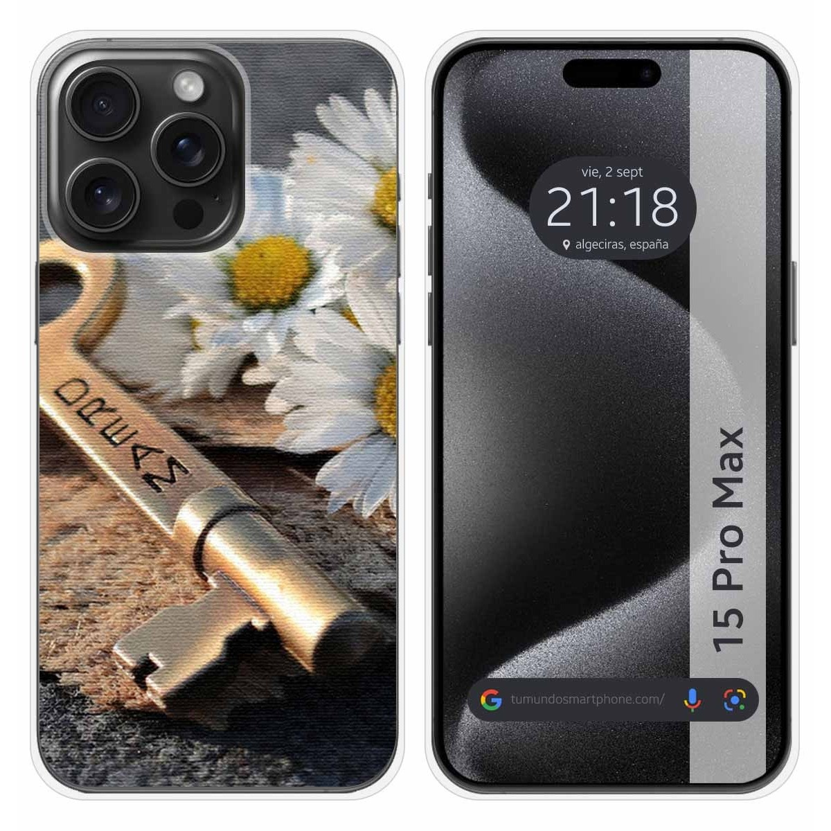 Funda de teléfono con una llave y flores, el teléfono muestra la hora, la fecha y la ubicación, etiqueta '15 Pro Max'.