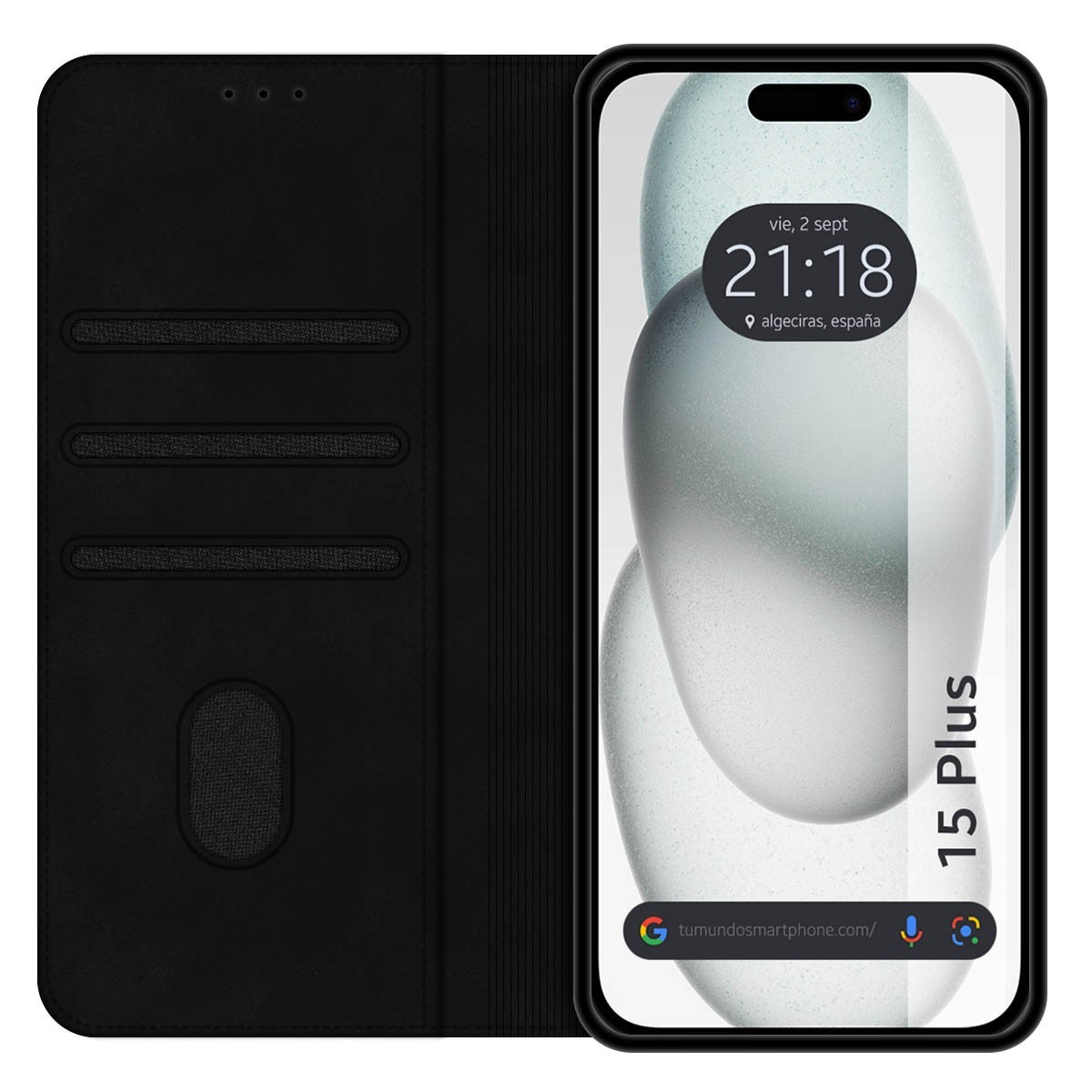 Custodia per telefono con un design a portafoglio nero. Lo schermo del telefono mostra l'ora ed è nero.