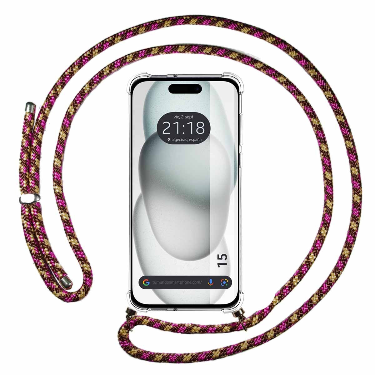 Un telefono con una cinghia intorno, con un design rosa e marrone, su uno sfondo bianco.