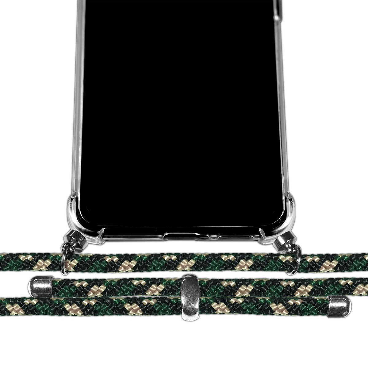 Telefono con cordino verde mimetico attaccato. Il cordino ha un pezzo d'argento al centro e alle estremità.