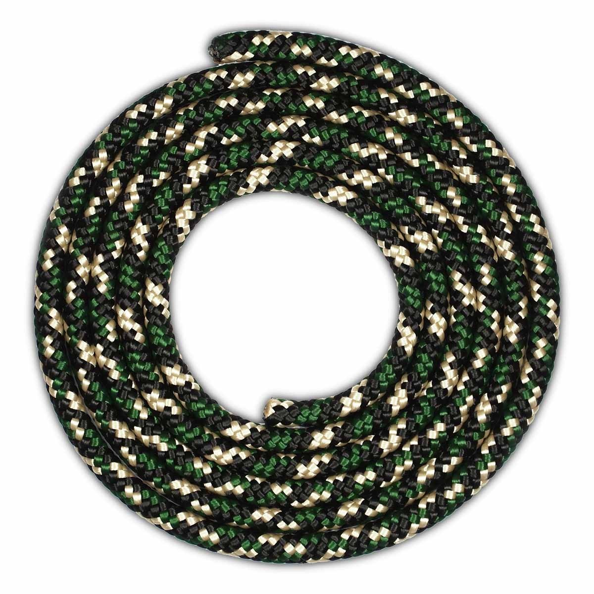 Corda verde mimetica arrotolata su sfondo bianco. La corda ha la forma di un cerchio.
