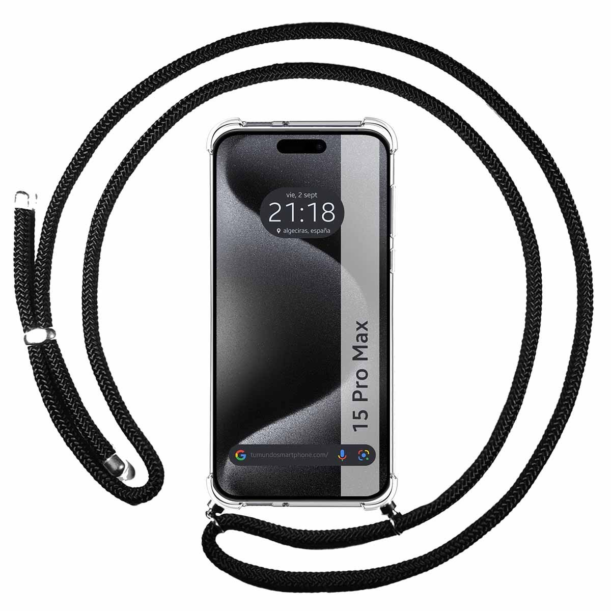 Teléfono con correa de cuerda negra. La pantalla muestra un reloj y la fecha.
