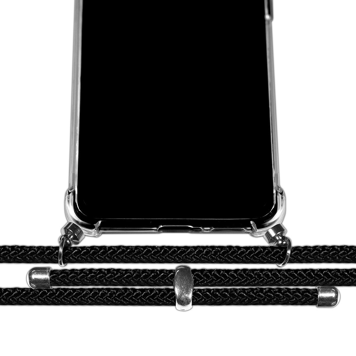 Telefono nero con cinturino. Il cinturino è nero, intrecciato e ha chiusure argentate.