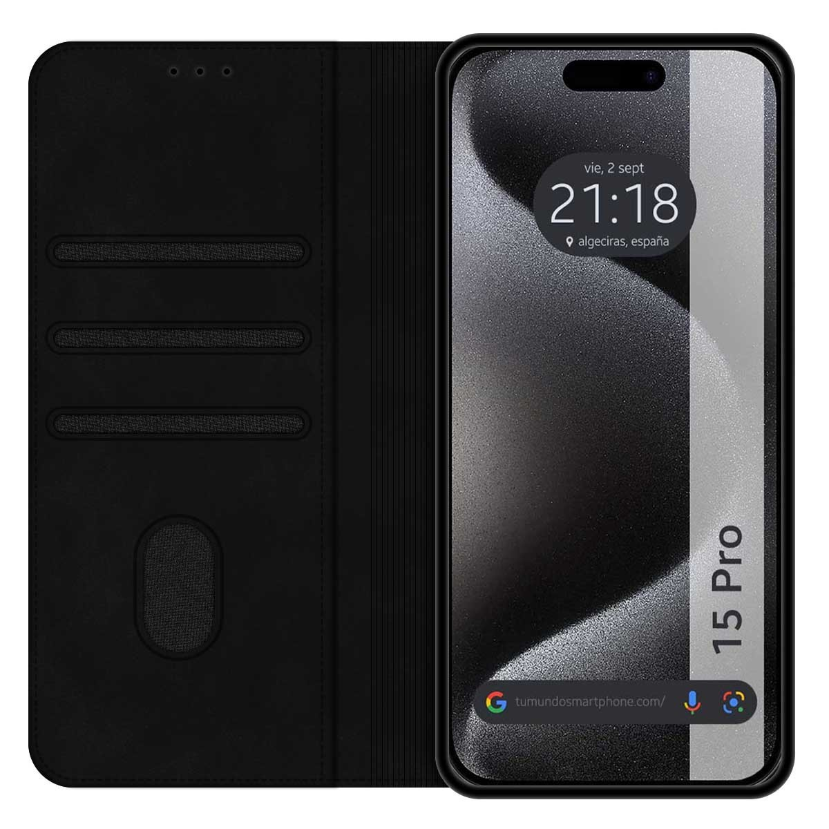 Custodia per telefono con design in pelle nera. Lo schermo mostra l'ora. Sfondo nero.