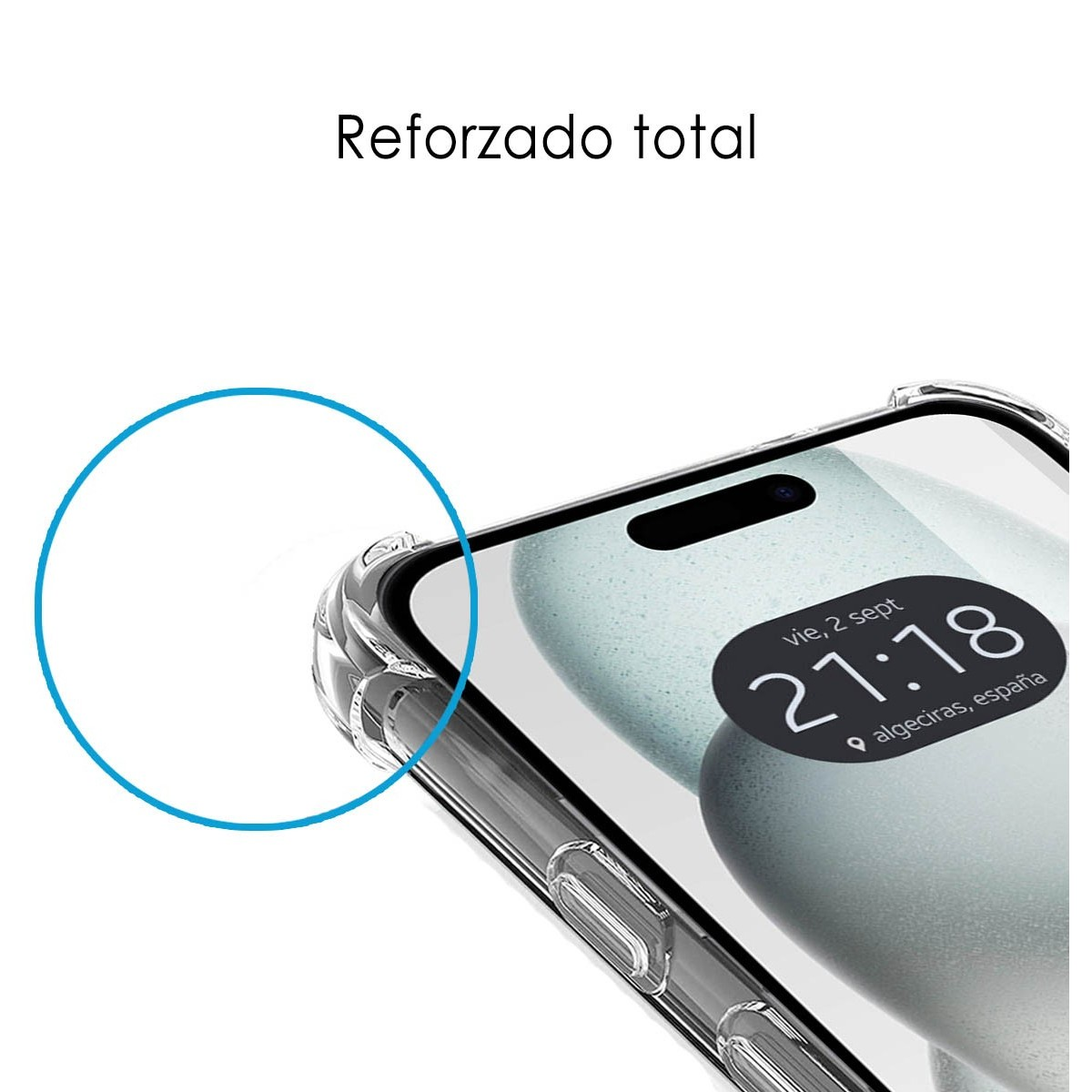Una custodia per telefono e un primo piano del bordo. Lo schermo del telefono è visibile.