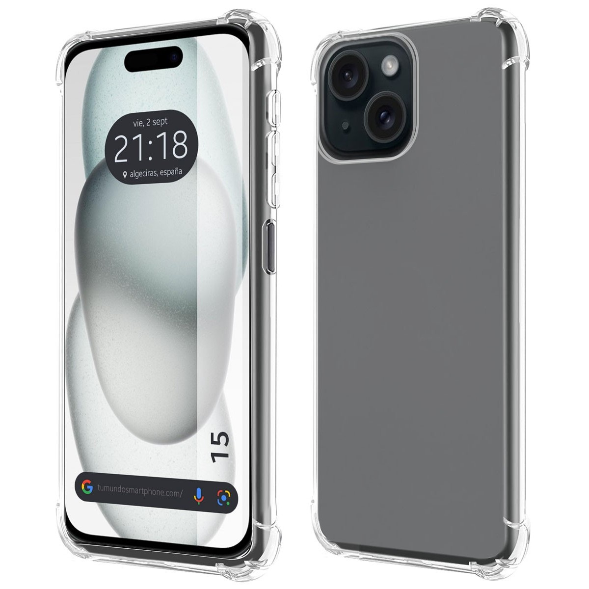 Custodia per telefono, retro grigio e lati trasparenti. Lo schermo del telefono mostra l'ora, nero.