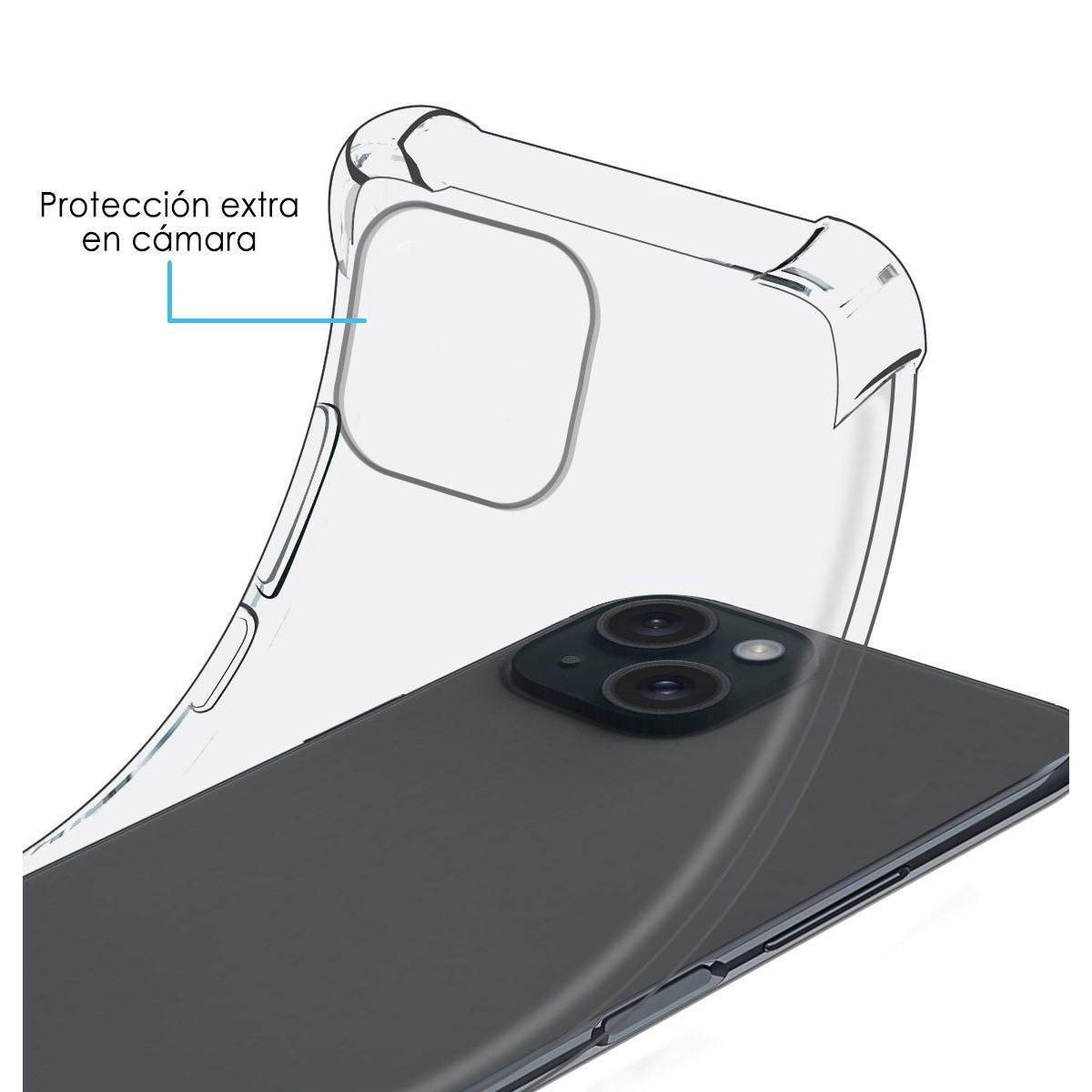 Un telefono e la sua custodia trasparente, con testo sulla custodia.