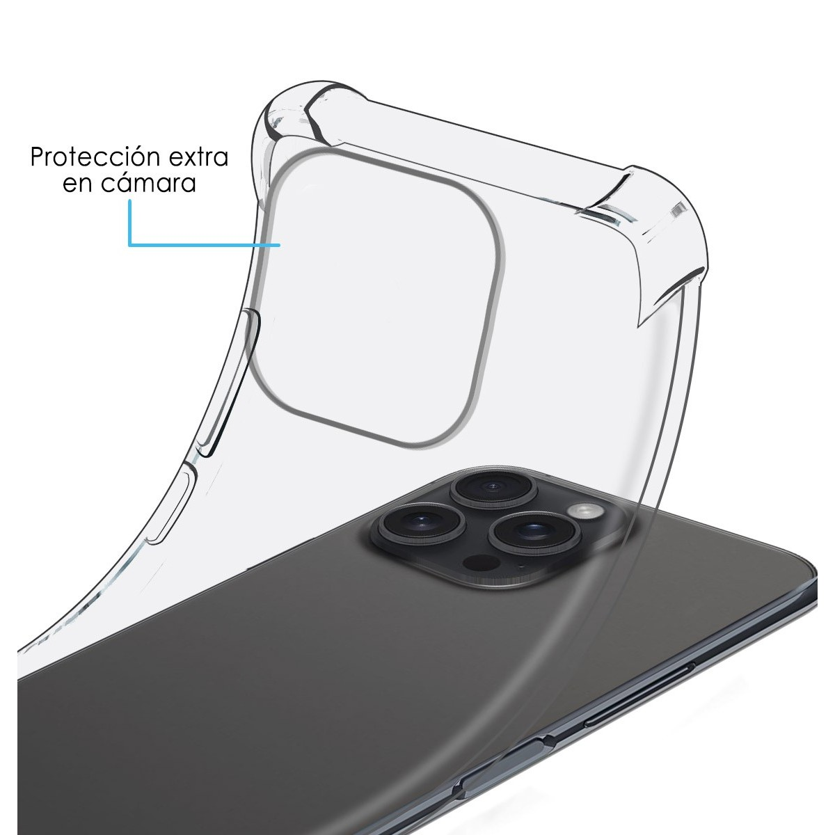 Una custodia per telefono è trasparente, che mostra la protezione della fotocamera e dell'obiettivo, e un telefono.