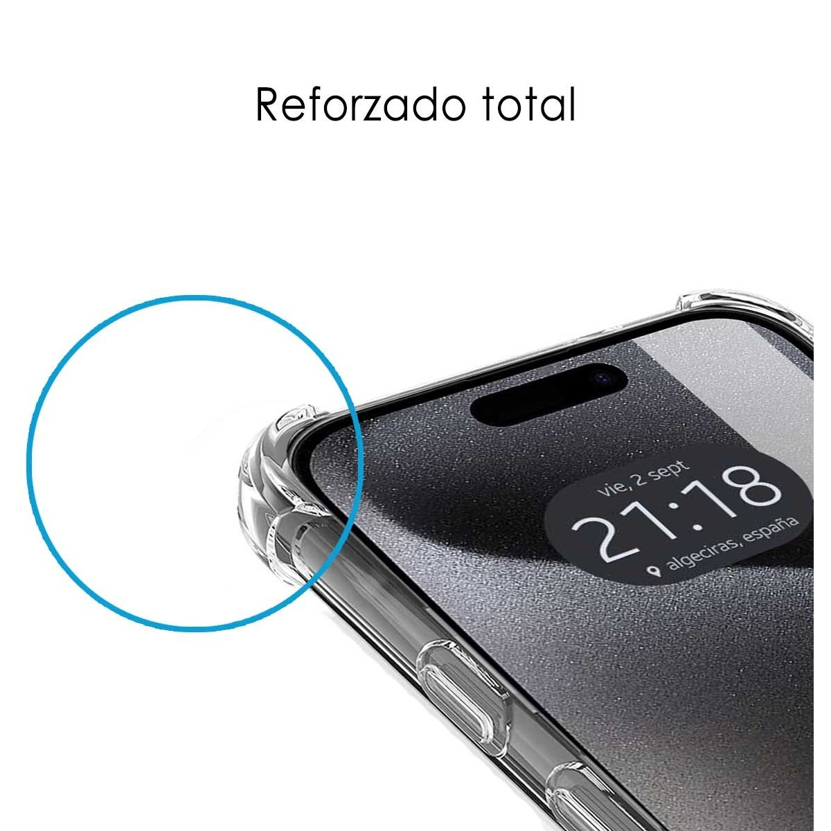 Detalle de la funda del teléfono, primer plano de la pantalla del teléfono con el texto "Reforzado total" y un círculo.