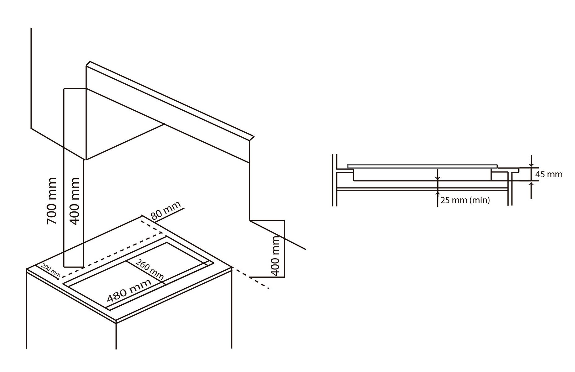 Dibujo técnico de un elemento de cocina. Muestra dimensiones y detalles de diseño.