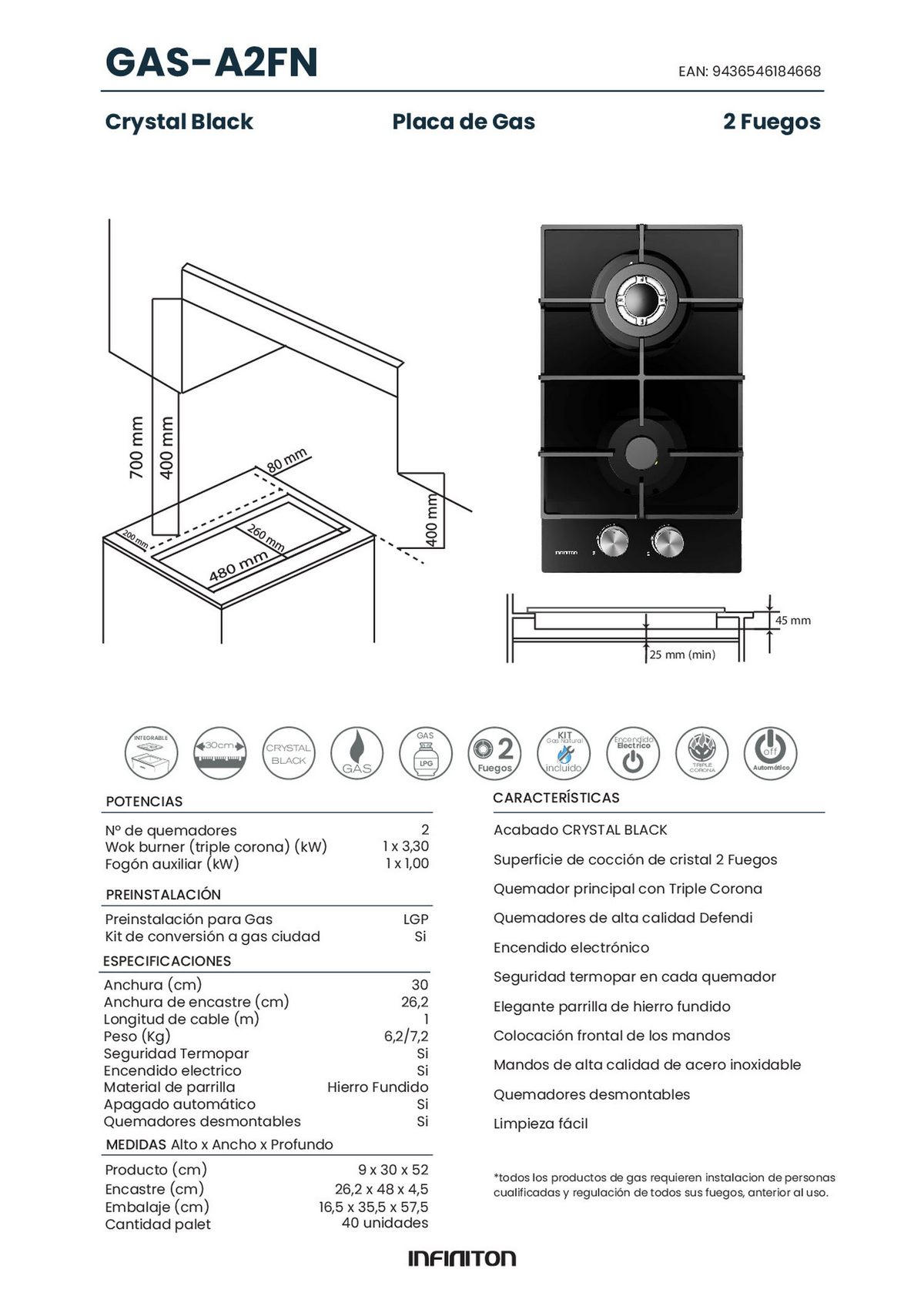 Diagrama de una placa de gas con especificaciones, dimensiones y detalles técnicos.