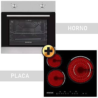 Pack Horno + Placa - INFINITON HV-3V4TBL, Calentador superior / Inferior / Convencional / Lampara, 70 l, Vitrocerámica, 3 zonas, Plata