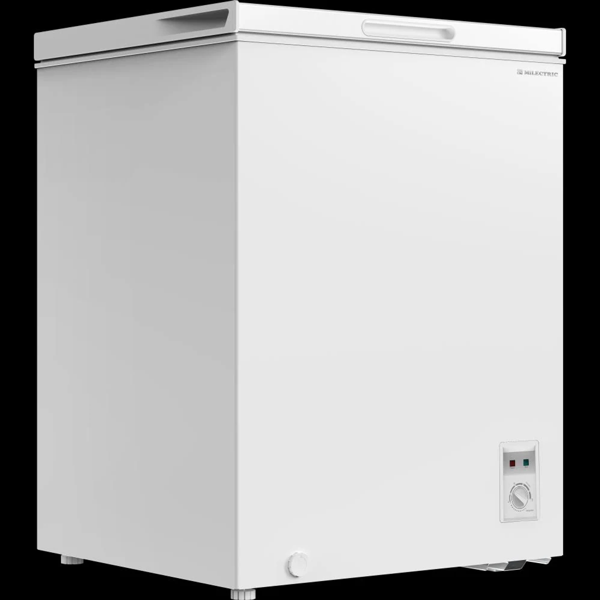 Congelador horizontal blanco con tapa superior y mando de control de temperatura.