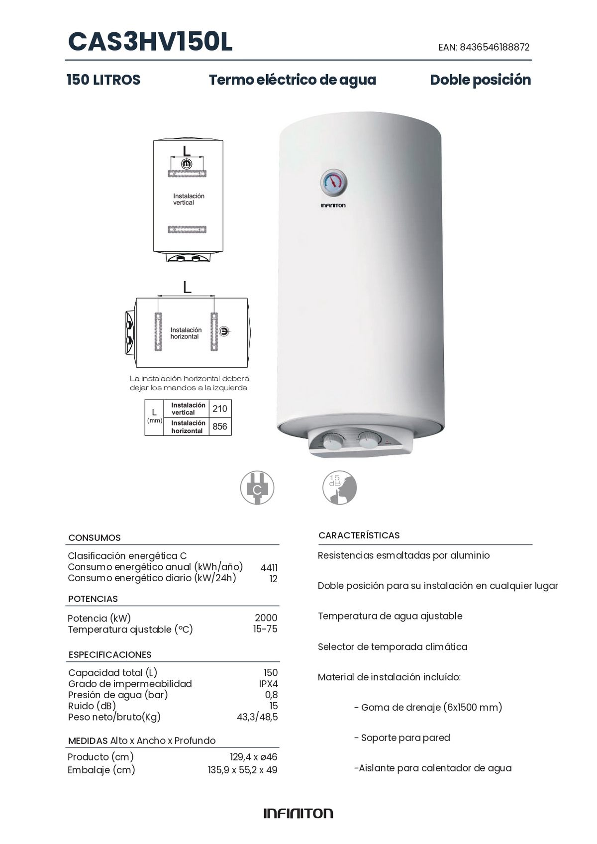 Calentador de agua blanco con especificaciones técnicas. Tiene un diseño de doble posición.