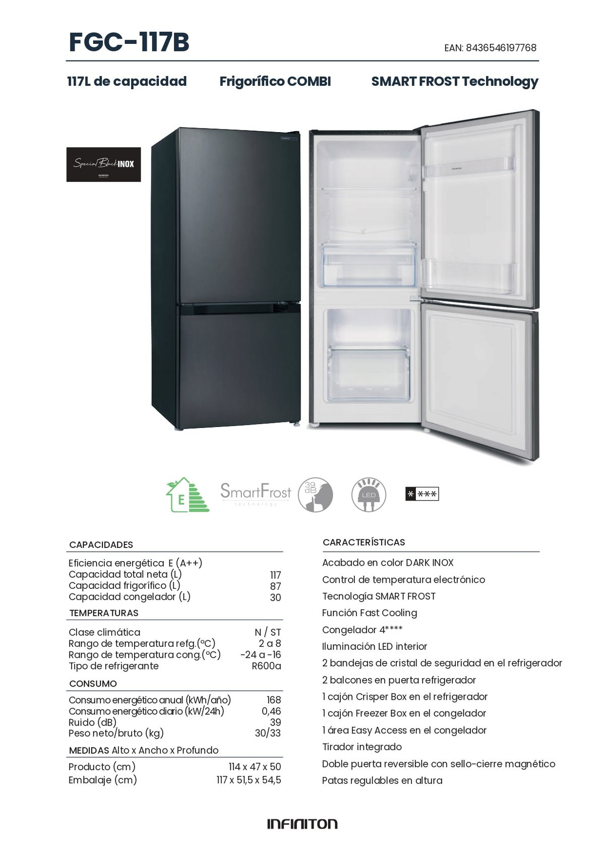 Refrigerador negro con puerta abierta y vista interna detallada. Texto y etiquetas visibles.