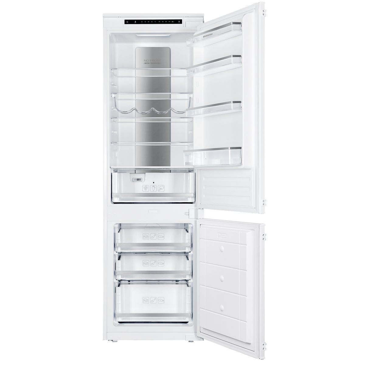 Refrigerador blanco con puertas abiertas. Los estantes interiores contienen botellas y cajones.