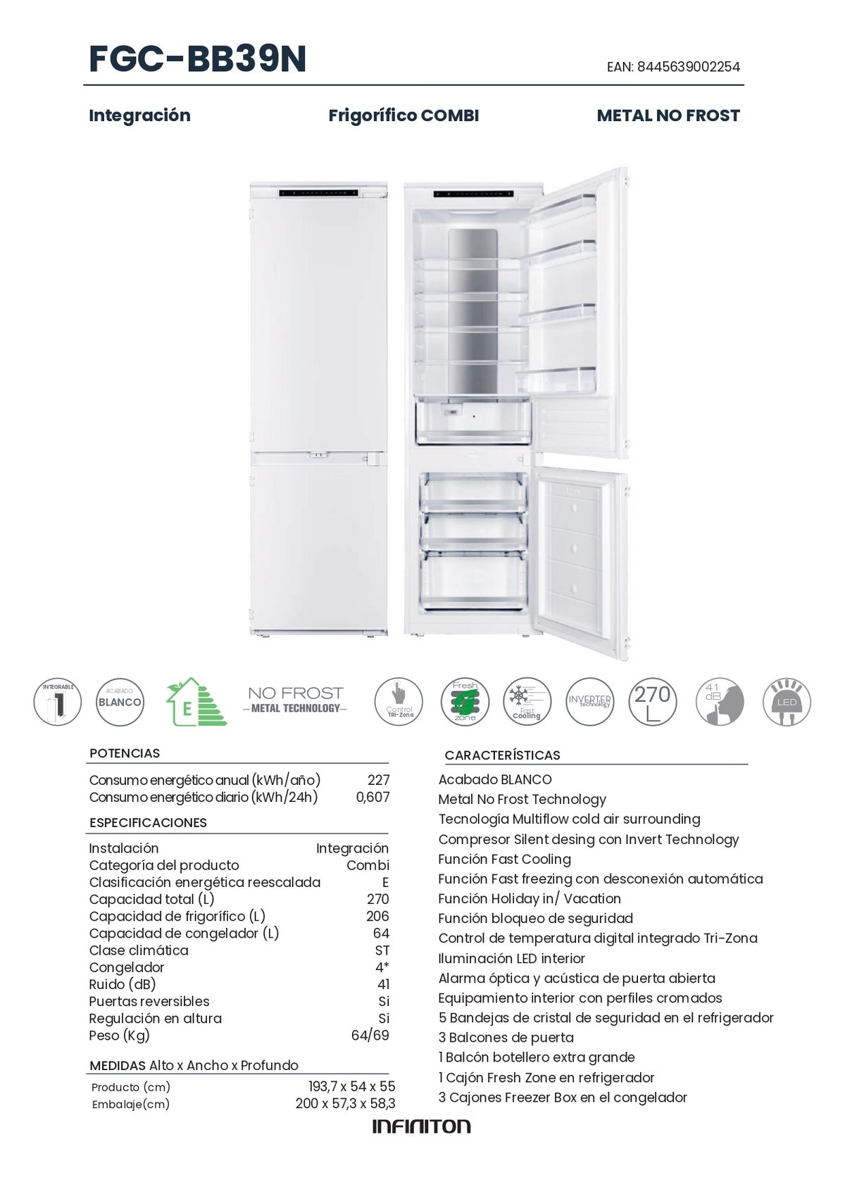 Un refrigerador blanco con texto y detalles en español.