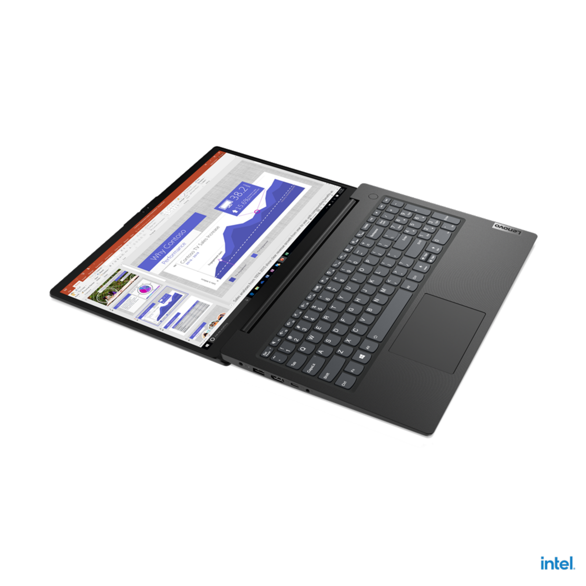 Una computadora portátil abierta que muestra gráficos y gráficos, sobre una superficie oscura con el logotipo de Intel.