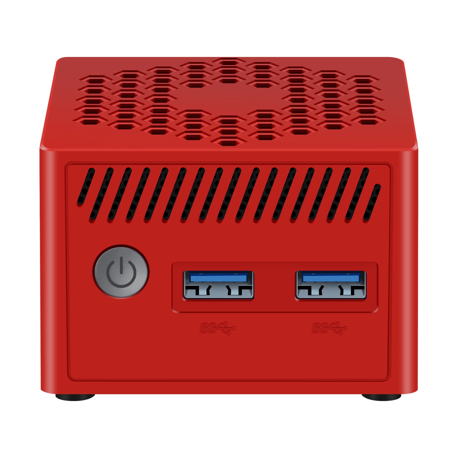 Un mini computer rosso con pulsante di accensione e porte USB su sfondo bianco.
