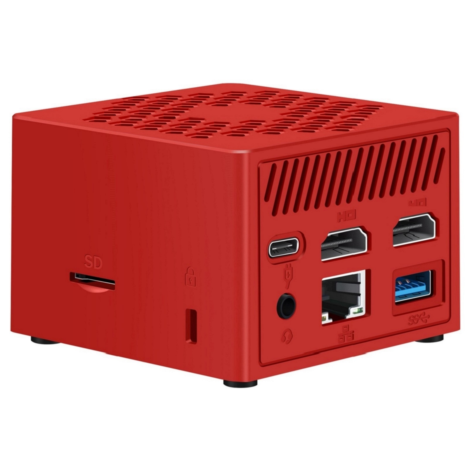 Case per computer rosso a forma di cubo con porte. Lo sfondo è bianco.